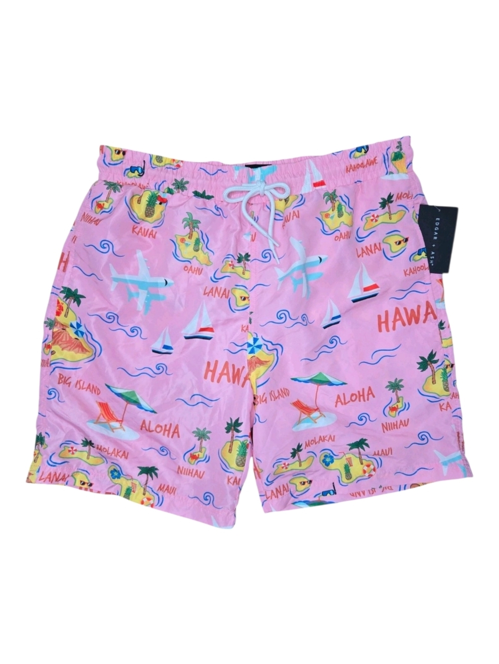 Edgar + Ash Mens Pink Colorful Hawaii Travel Print Swim Trunks Size Large